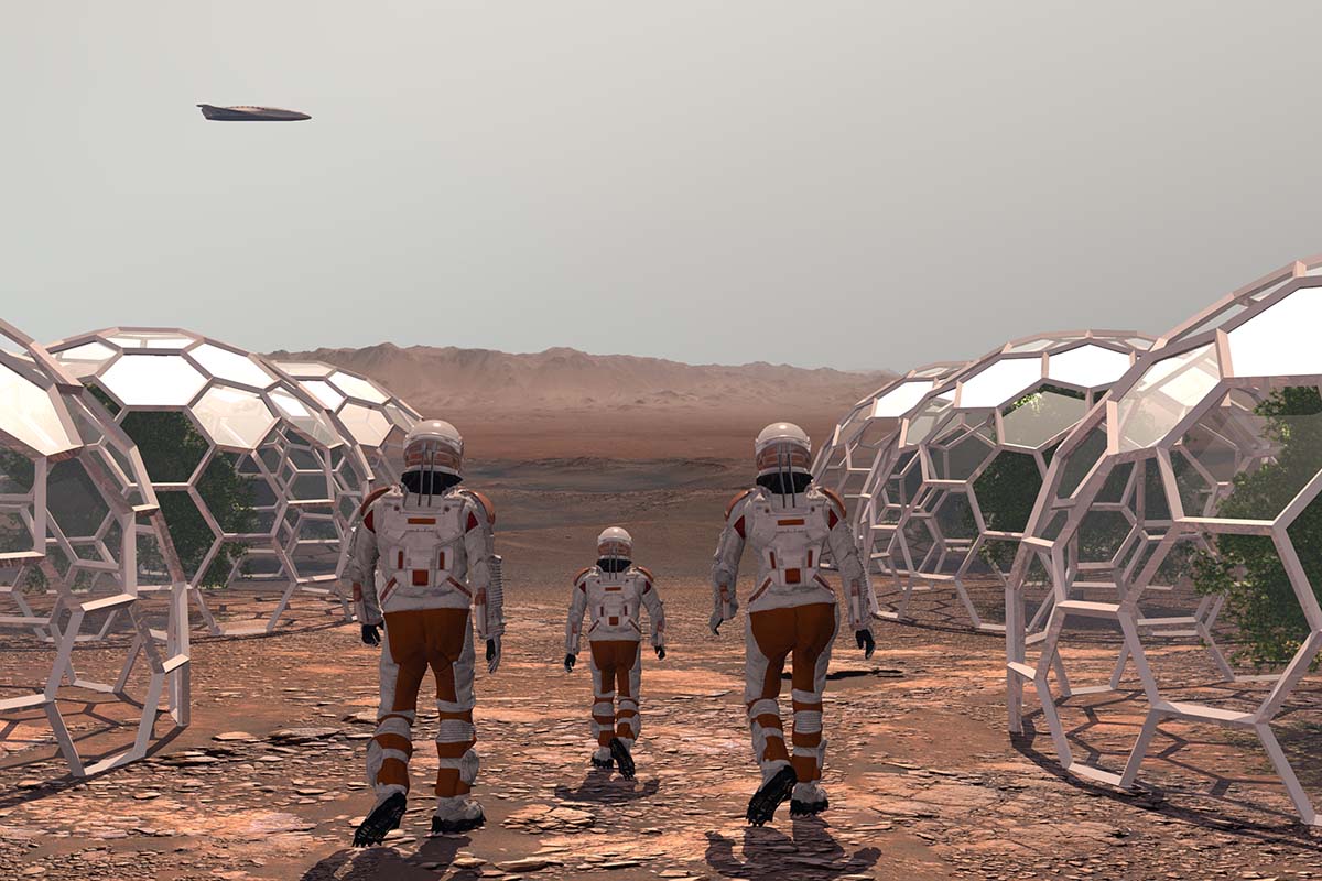 Family colonists immigrants to Mars, a man, a woman and a child admire the Martian landscape, the city and spaceship. Exploring mission to mars. Elements of this video furnished by NASA. 3d rendering
